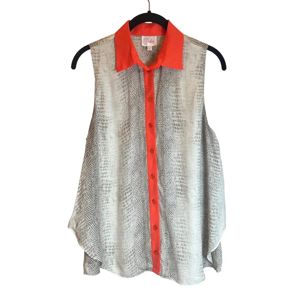 Parker Womens 100% Silk Snakeskin Print Sleeveless Blouse Orange Contrast Small